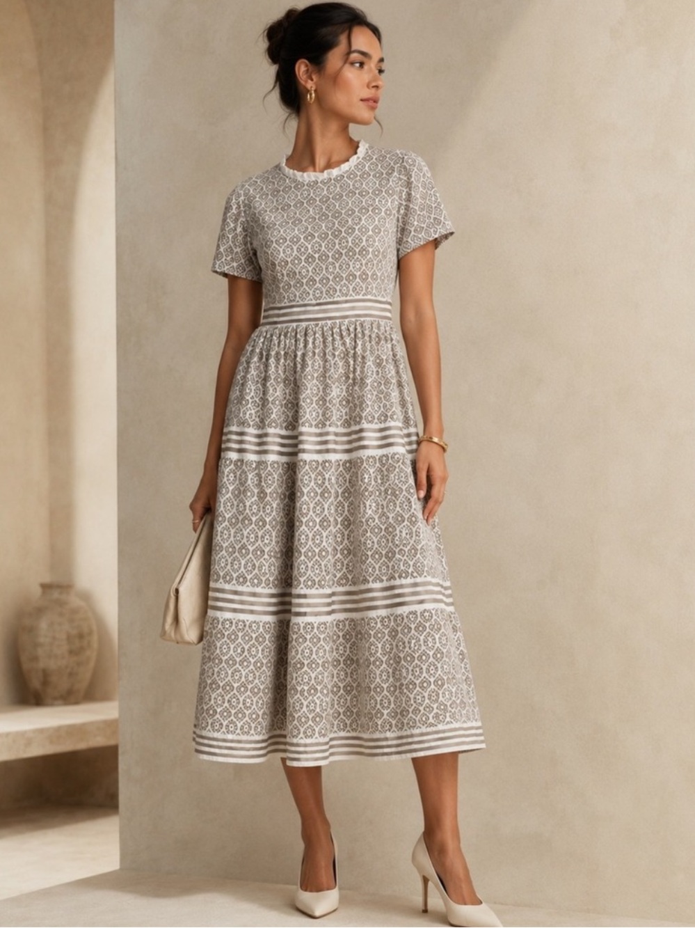 Baltic Born Cream Lace Tiered Midi Dress with Tan Trim